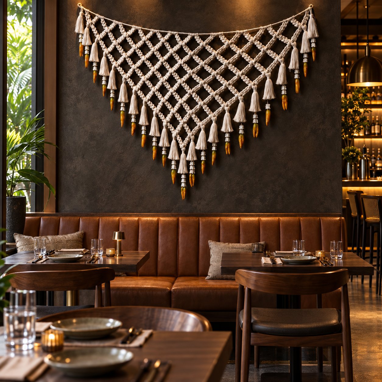 Triangular cotton Khruang Kwaen decoration above restaurant seating